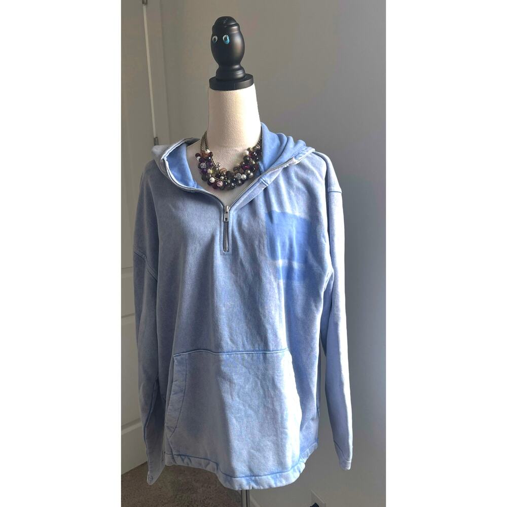 NWT Zara Denim Stone Washed Long Sleeve Quarter Zip Kangaroo Pocket Hoodie L-XL‎